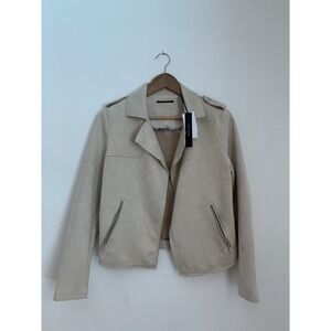 NWT TTahari Crop Moto Jacket SzS Faux Leather Suede Ivory Utility Mob Wife Biker